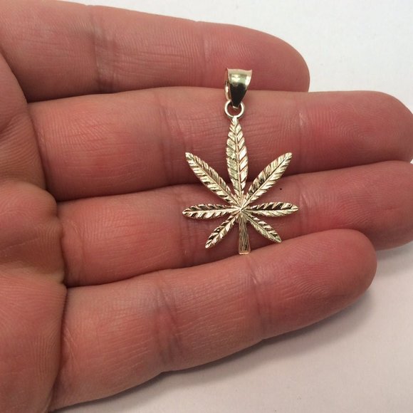 Marijuana Weed Leaf Kush Pot Cannabis 10k Yellow Solid Real Diamond Cuts Gold C - Picture 4 of 7